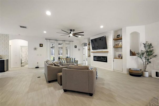 Fireplace, Interior, Living room, Recessed Lighting, Wood Texture Flooring