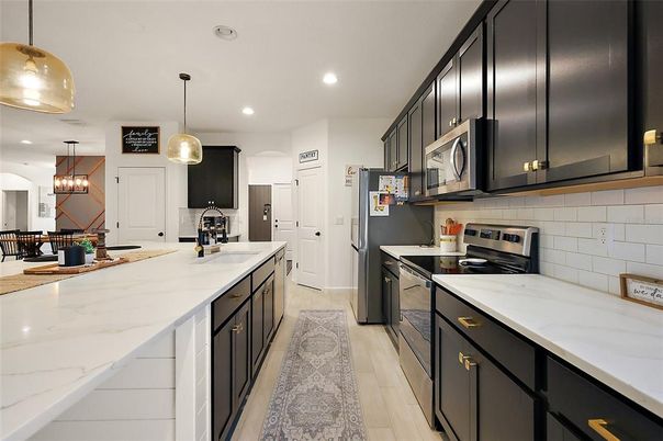 Interior, Kitchen, Pendant Lights, Recessed Lighting, Stainless Steel Appliances, Wood Texture Flooring