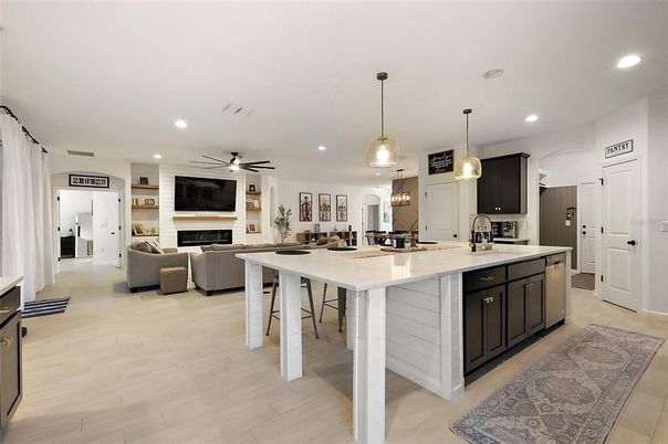 Fireplace, Interior, Kitchen, Living room, Pendant Lights, Recessed Lighting, Wood Texture Flooring