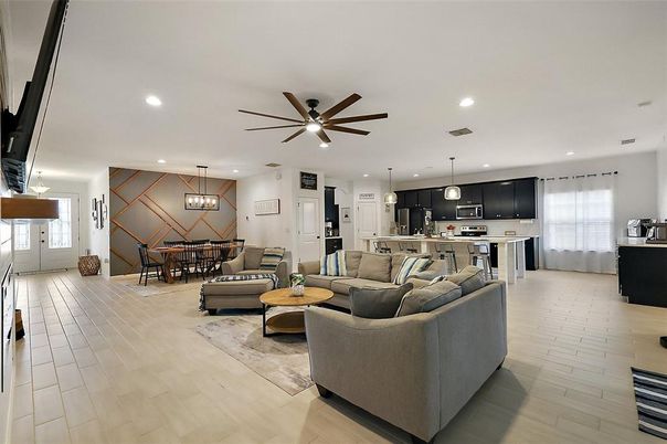 Dining room, Interior, Kitchen, Living room, Pendant Lights, Recessed Lighting, Stainless Steel Appliances, Wood Texture Flooring
