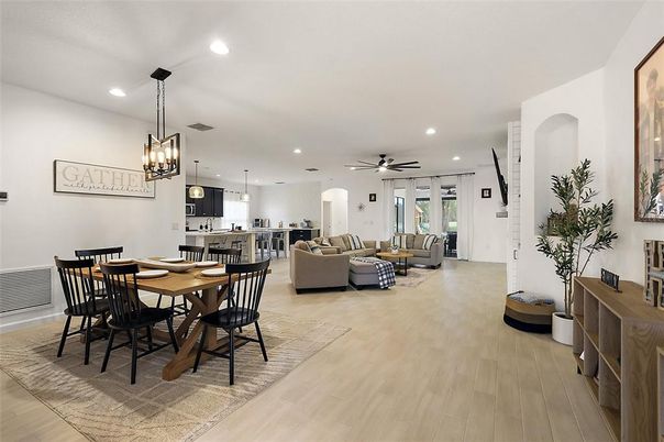 Dining room, Interior, Kitchen, Living room, Pendant Lights, Recessed Lighting, Wood Texture Flooring