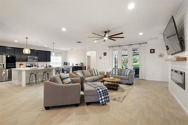 Interior, Kitchen, Living room, Pendant Lights, Recessed Lighting, Stainless Steel Appliances, Wood Texture Flooring