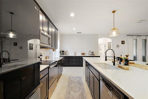 Interior, Kitchen, Pendant Lights, Recessed Lighting, Stainless Steel Appliances, Wood Texture Flooring