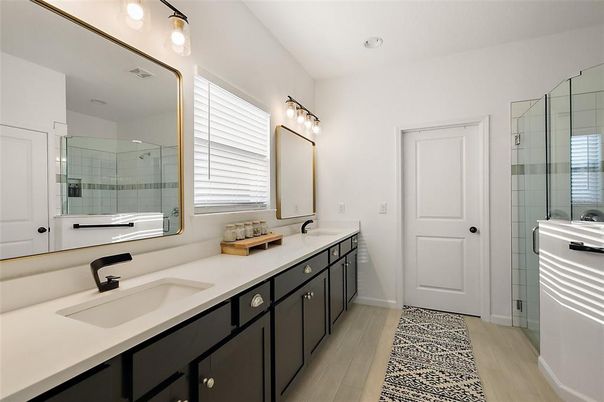 Bathroom, Dual Sink Vanities, Glass Shower, Interior, Wood Texture Flooring
