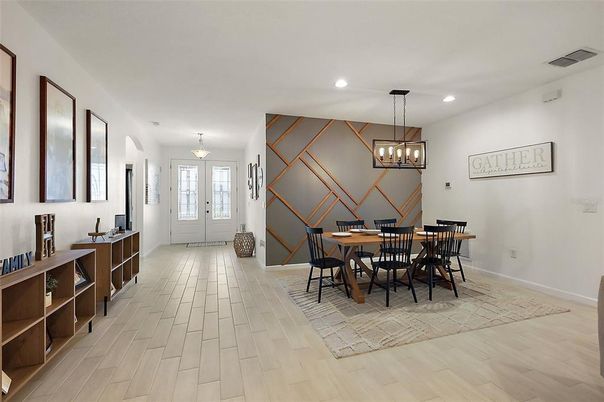 Dining room, Interior, Pendant Lights, Recessed Lighting, Wood Texture Flooring