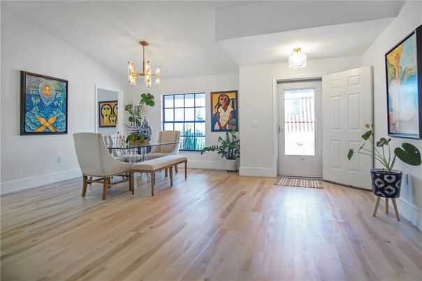Dining room, Interior, Pendant Lights, Wood Texture Flooring