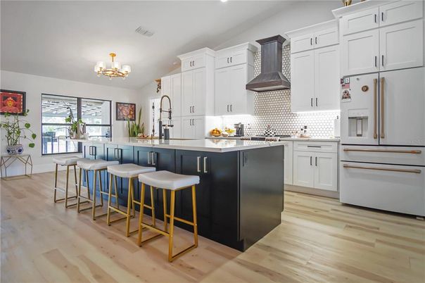 Chandelier, Interior, Kitchen, Recessed Lighting, Wood Texture Flooring