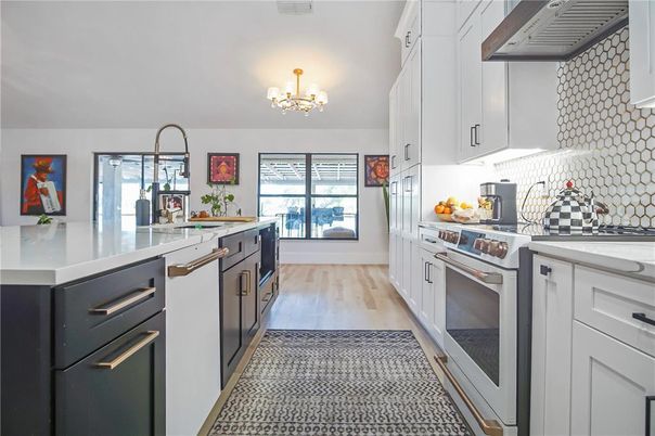 Chandelier, Interior, Kitchen, Stainless Steel Appliances, Wood Texture Flooring
