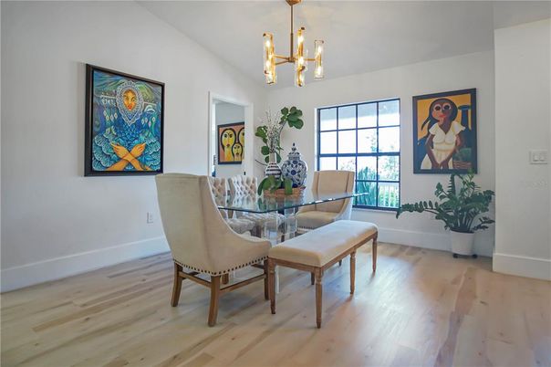 Dining room, Interior, Pendant Lights, Wood Texture Flooring