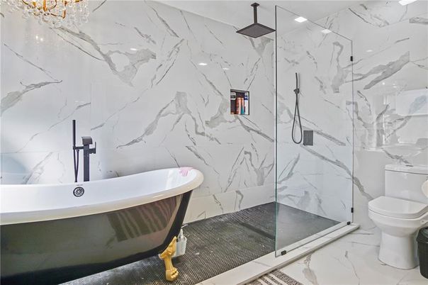 Bathroom, Free Standing Baths, Glass Shower, Interior, Marble, Marble Walls