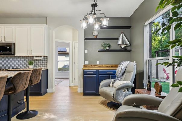 Interior, Kitchen, Pendant Lights, Wood Texture Flooring