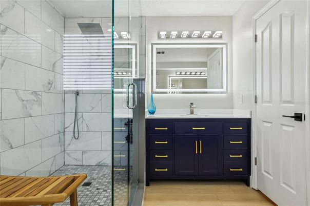 Bathroom, Glass Shower, Interior, Marble Walls, Wood Texture Flooring
