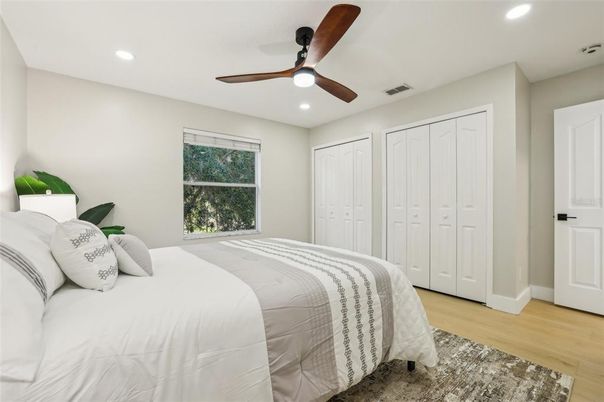 Bedroom, Interior, Recessed Lighting, Wood Texture Flooring