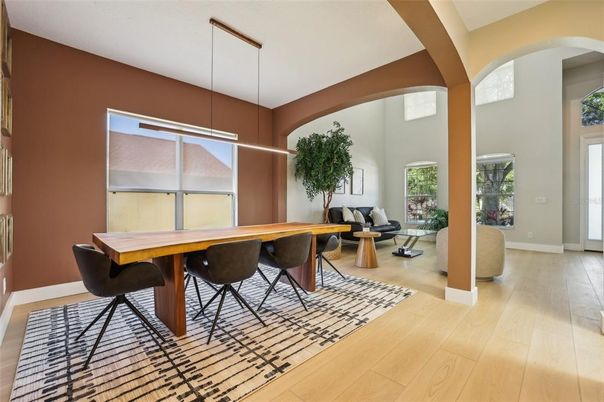 Dining room, Interior, Living room, Pendant Lights, Wood Texture Flooring