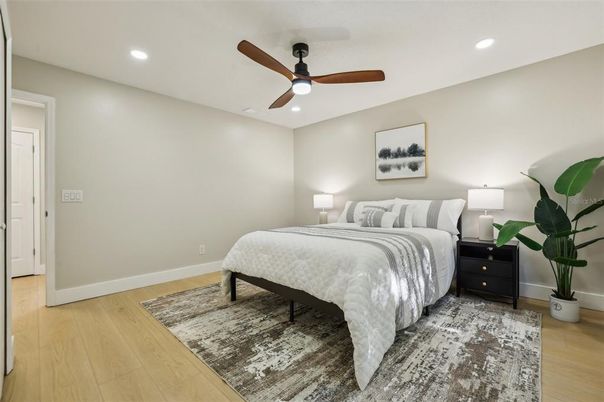 Bedroom, Interior, Recessed Lighting, Wood Texture Flooring