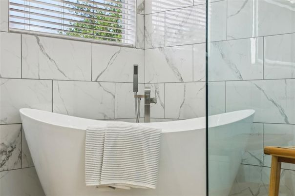 Bathroom, Free Standing Baths, Glass Shower, Interior, Marble Walls