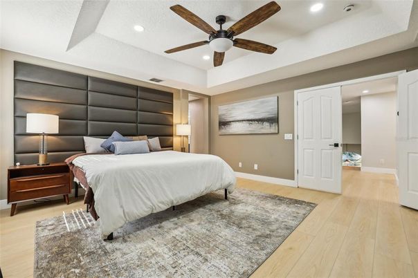 Bedroom, Interior, Recessed Lighting, Wood Texture Flooring