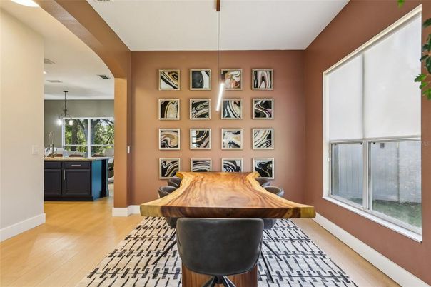 Dining room, Interior, Pendant Lights, Wood Texture Flooring