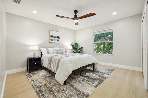 Bedroom, Interior, Recessed Lighting, Wood Texture Flooring
