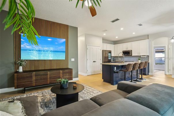 Interior, Kitchen, Living room, Recessed Lighting, Stainless Steel Appliances, Wood Texture Flooring