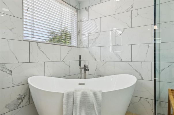 Bathroom, Free Standing Baths, Glass Shower, Interior, Marble Walls