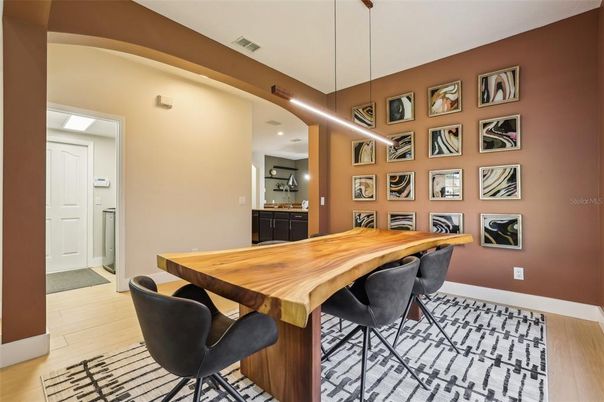 Dining room, Interior, Pendant Lights, Recessed Lighting, Wood Texture Flooring