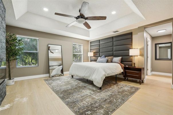 Bedroom, Interior, Recessed Lighting, Wood Texture Flooring