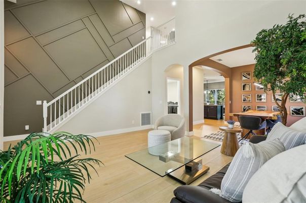 Dining room, Interior, Living room, Pendant Lights, Recessed Lighting, Wood Texture Flooring