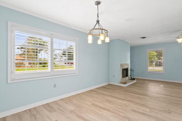 Empty room, Fireplace, Interior, Pendant Lights, Wood Texture Flooring