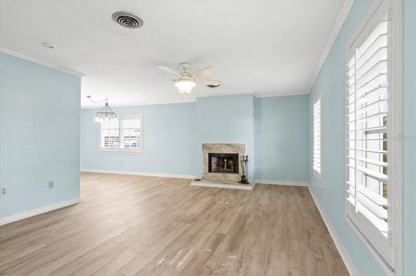 Empty room, Fireplace, Interior, Pendant Lights, Wood Texture Flooring