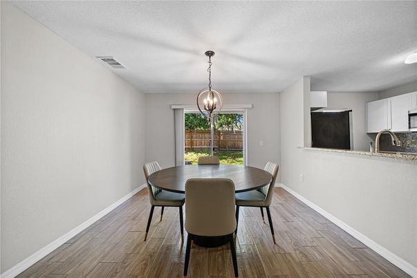 Dining room, Interior, Pendant Lights, Wood Texture Flooring