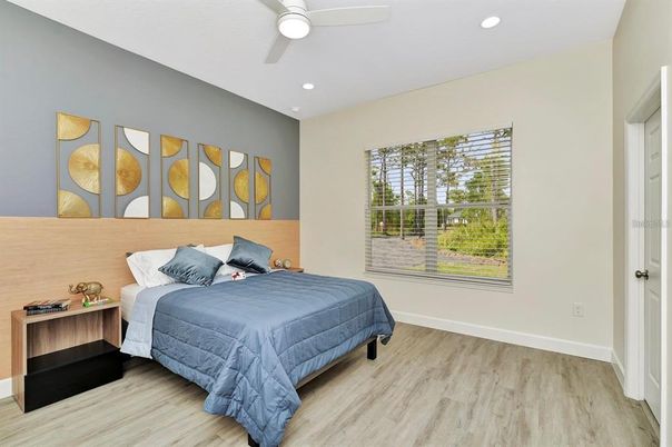 Bedroom, Interior, Recessed Lighting, Wood Texture Flooring