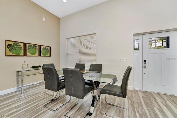 Dining room, Interior, Recessed Lighting, Wood Texture Flooring