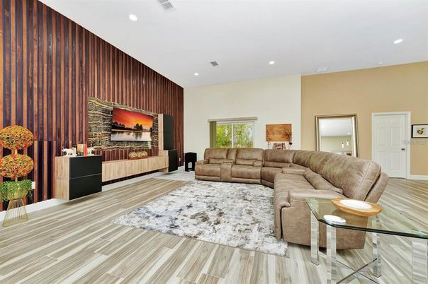 Interior, Living room, Recessed Lighting, Wood Texture Flooring, Wooden Walls