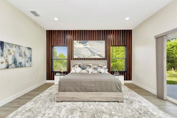 Bedroom, Interior, Recessed Lighting, Wood Texture Flooring
