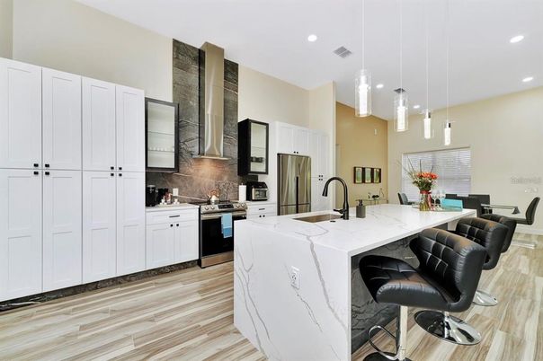 Interior, Kitchen, Pendant Lights, Recessed Lighting, Stainless Steel Appliances, Wood Texture Flooring