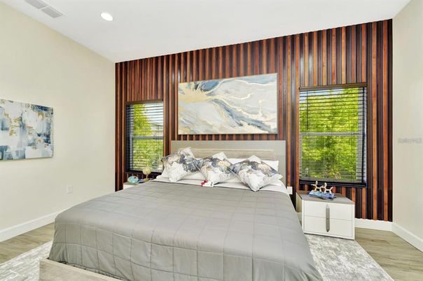 Bedroom, Interior, Recessed Lighting, Wood Texture Flooring