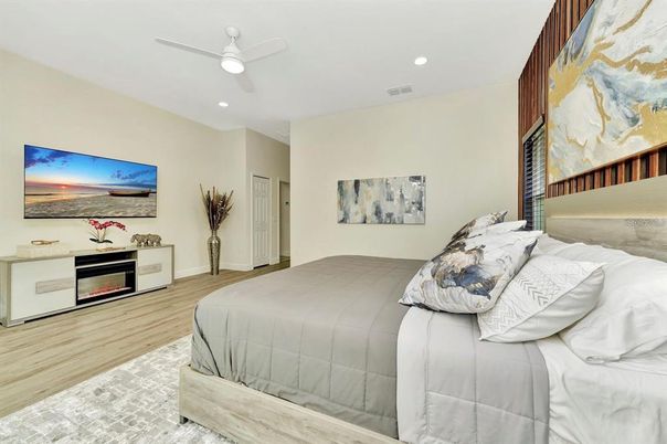 Bedroom, Interior, Recessed Lighting, Wood Texture Flooring