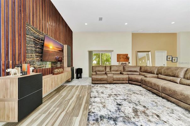Interior, Living room, Recessed Lighting, Wood Texture Flooring