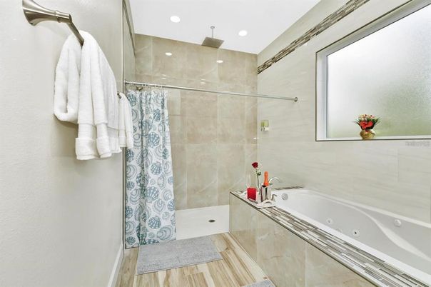 Bathroom, Glass Shower, Interior, Recessed Lighting, Wood Texture Flooring
