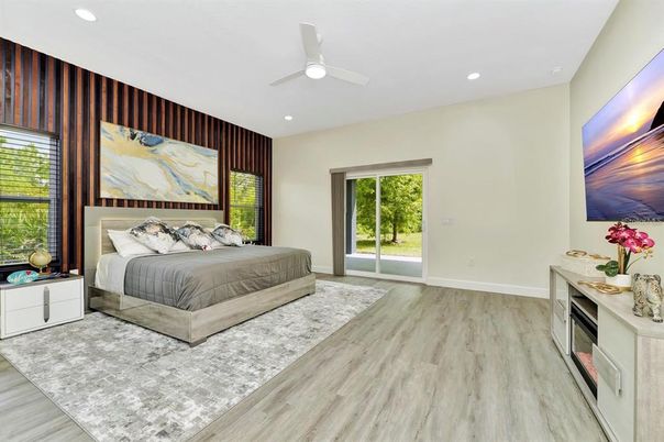 Bedroom, Interior, Recessed Lighting, Wood Texture Flooring