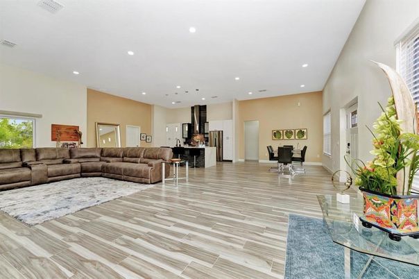 Dining room, Interior, Kitchen, Living room, Recessed Lighting, Wood Texture Flooring