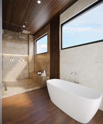 Bathroom, Free Standing Baths, Interior, Recessed Lighting, Wooden Ceilings, Wood Texture Flooring