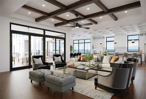 Interior, Living room, Pendant Lights, Recessed Lighting, Water, Wooden Beams, Wood Texture Flooring