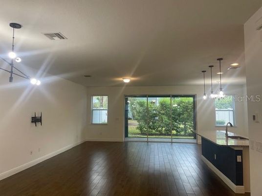Empty room, Interior, Kitchen, Pendant Lights, Wood Texture Flooring