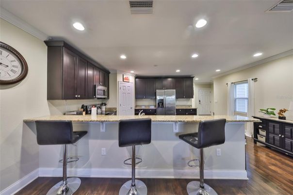 Interior, Kitchen, Recessed Lighting, Stainless Steel Appliances, Wood Texture Flooring