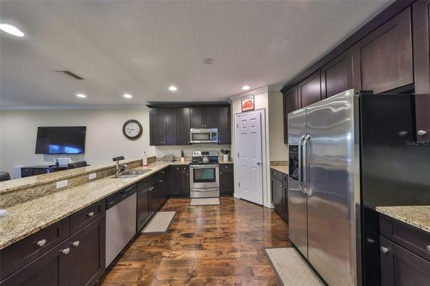 Interior, Kitchen, Recessed Lighting, Stainless Steel Appliances, Wood Texture Flooring