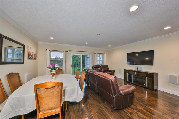 Dining room, Interior, Living room, Recessed Lighting, Wood Texture Flooring