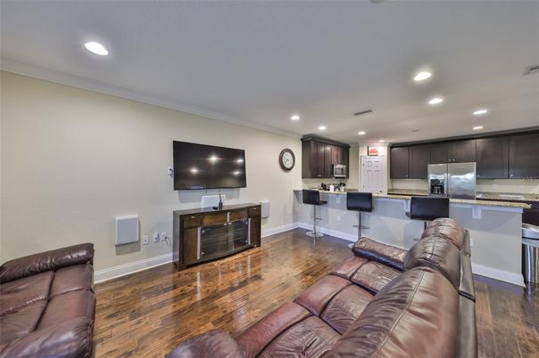 Interior, Kitchen, Living room, Recessed Lighting, Stainless Steel Appliances, Wood Texture Flooring