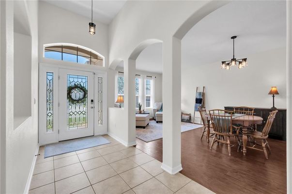 Dining room, Interior, Pendant Lights, Wood Texture Flooring